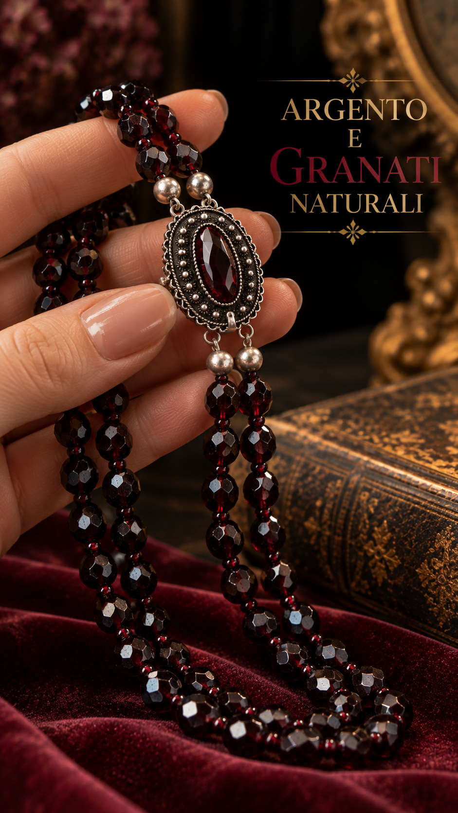 Collier collana a doppio filo incrociato in granati con chiusura gioiello, prima metà ‘900