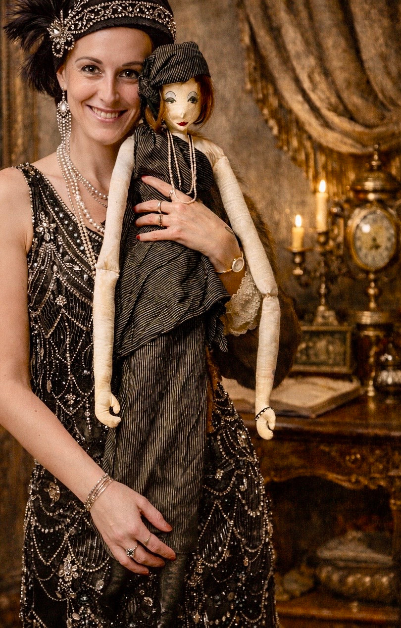 Bambola antica decorativa alta 1 metro, art Déco fatta a mano, circa anni ‘20-‘30