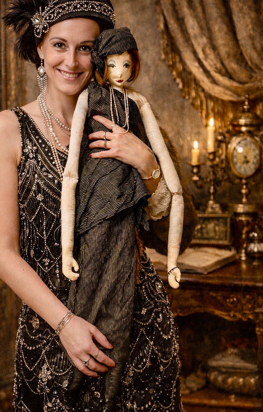 Bambola antica decorativa alta 1 metro, art Déco fatta a mano, circa anni ‘20-‘30