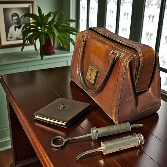 Lotto medicale borsa da medico condotto e due strumenti irrigatori vaginali