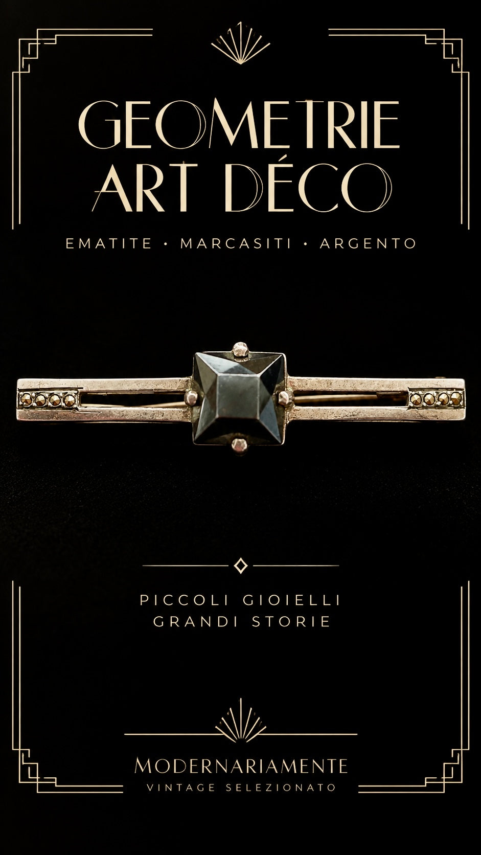 Gioiello art déco spilla in argento punzonato con ematite sfaccettata e marcasiti, anni ‘20-‘30