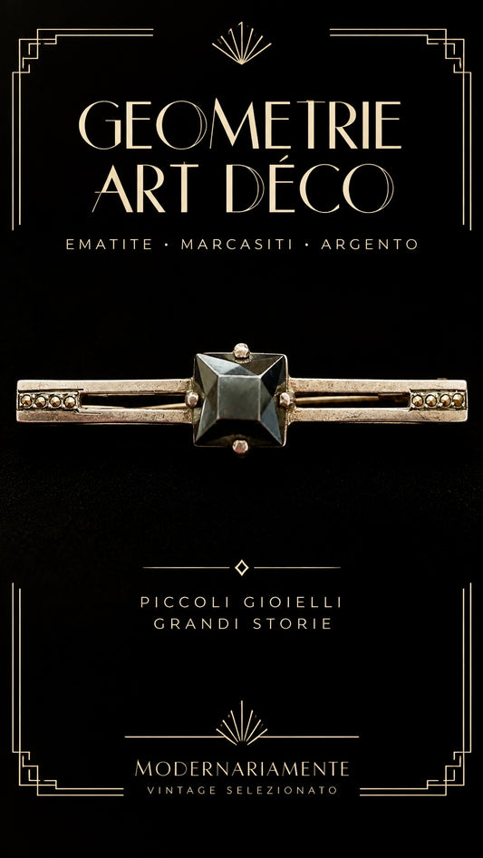 Gioiello art déco spilla in argento punzonato con ematite sfaccettata e marcasiti, anni ‘20-‘30