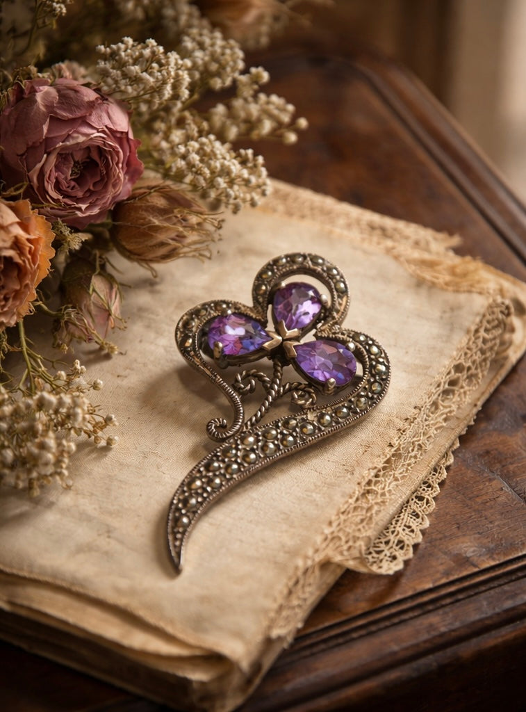 Spilla gioiello liberty argento massiccio con marcasiti, a guisa di viola del pensiero