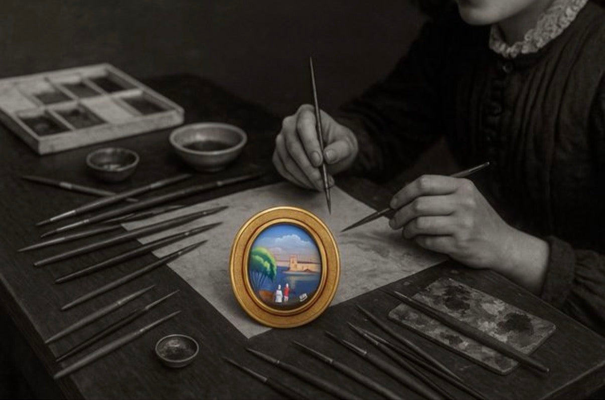 Spilla antica primo ‘900 con miniatura acquerellata firmata