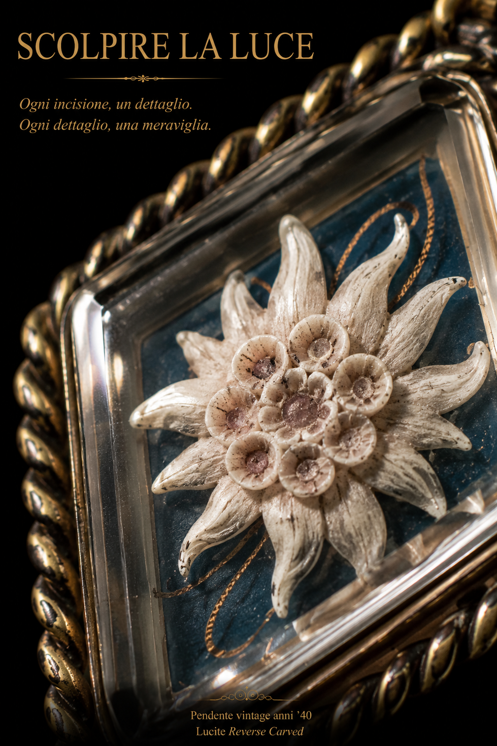 Pendente antico in lucite Reverse Carved con stella alpina anni ‘40