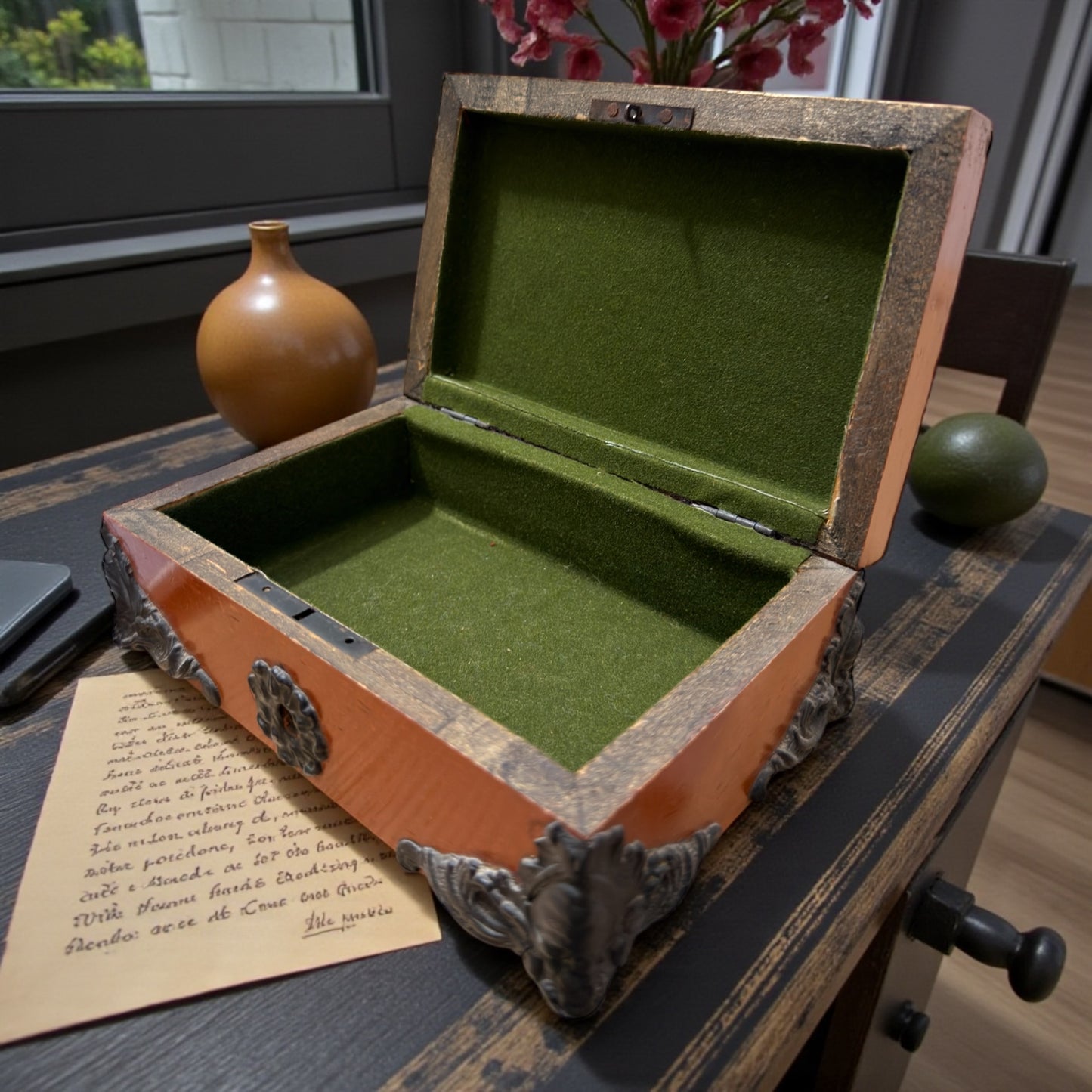 Antico scrigno da scrittoio eclettico con decorazioni floreali, ca 1890