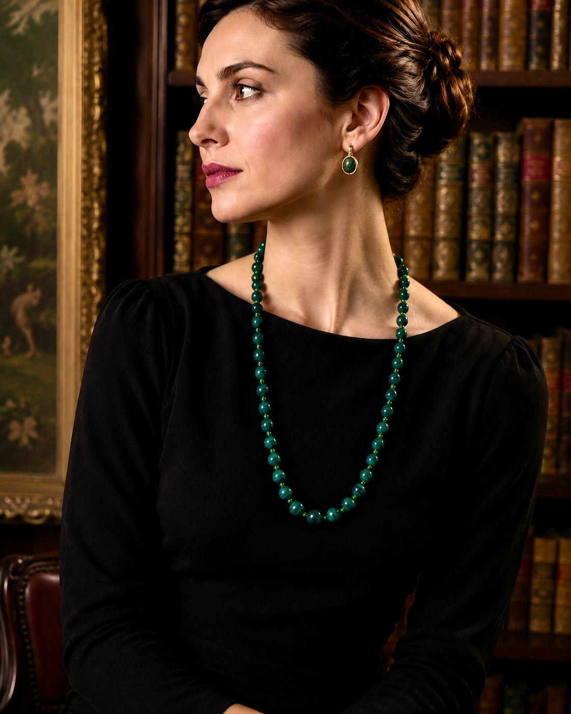 Collana anni ‘50 con chiusura a barilotto in perle degradé di malachite
