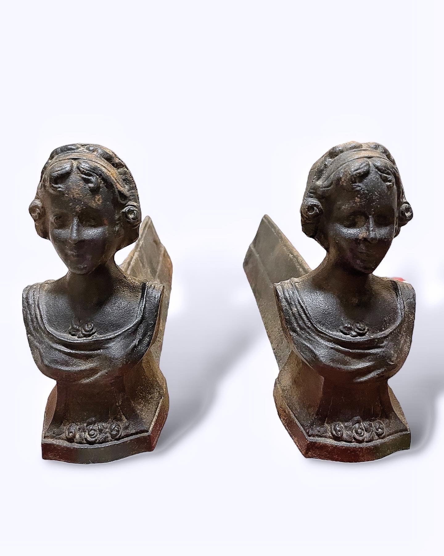 Ancient andirons bust of a woman