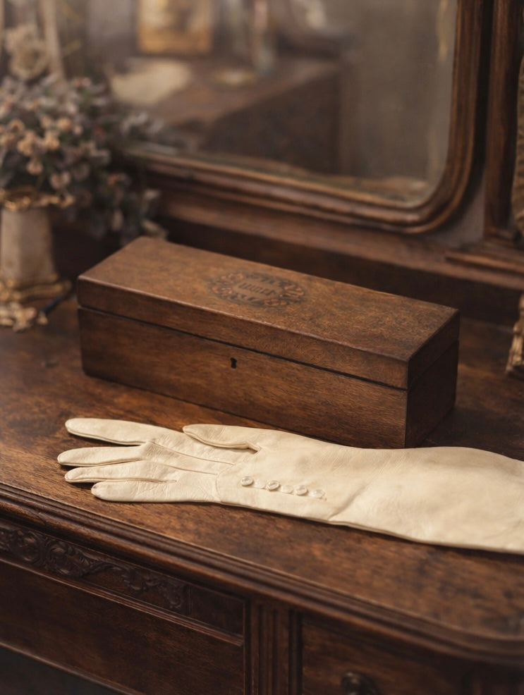Antico set 1900 guanti lunghi da sera in pelle e scatola porta guanti con monogramma