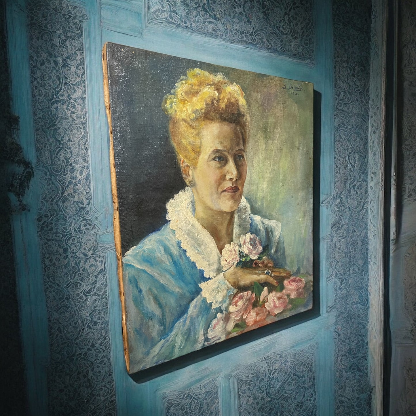 Dipinto ritratto donna olio su tela, 1948, firmato.