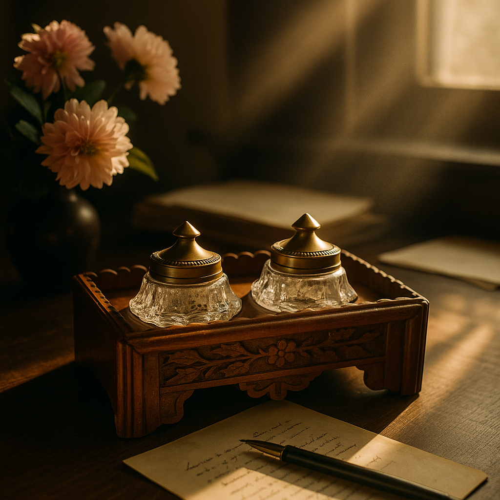 Set da Studio porta calamai in legno intagliato con due calamai, anni 40 50.