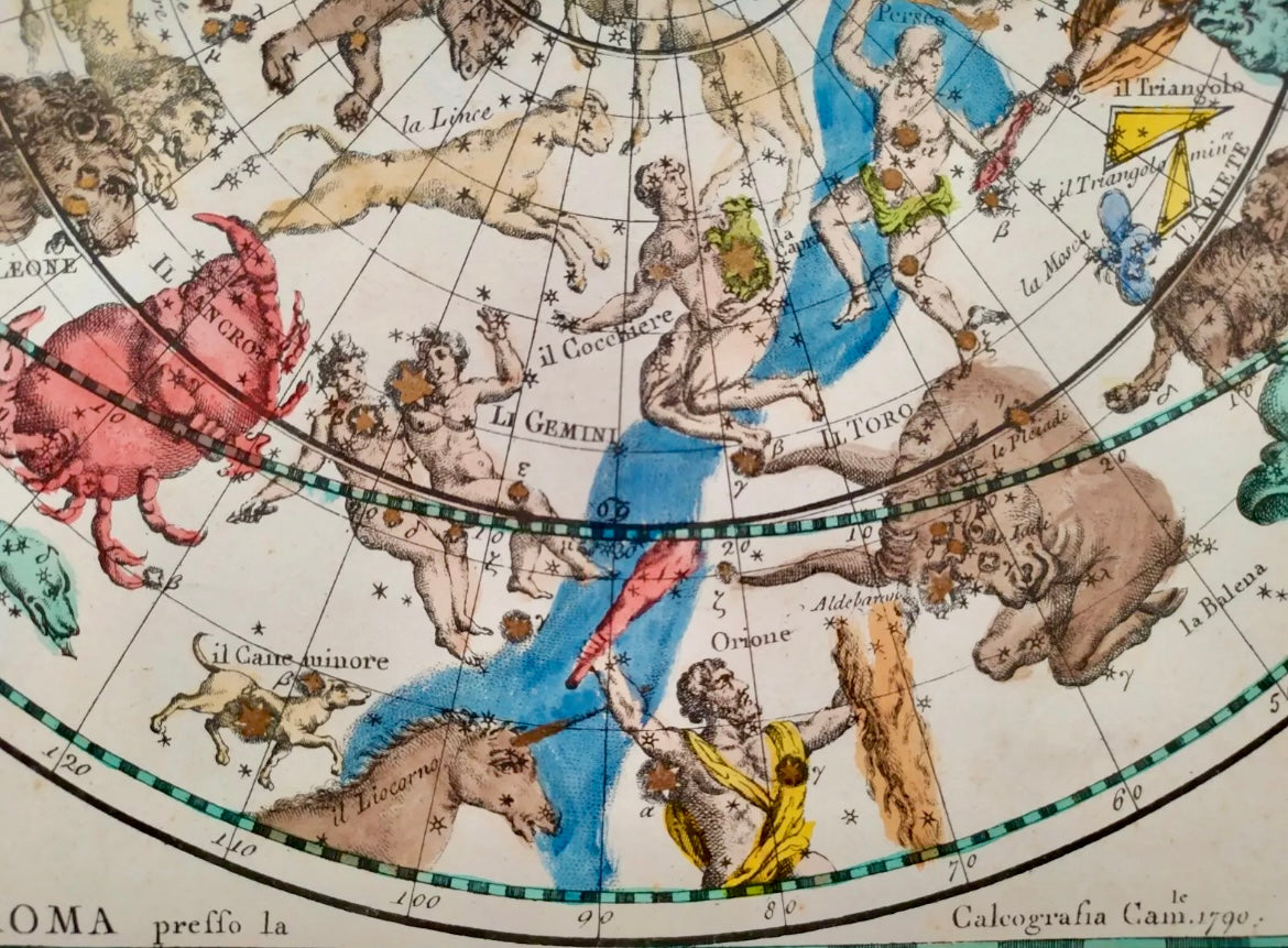 Planisfero celeste Giovanni Maria Cassini, emisfero boreale, tiratura ottocentesca acquerellata a mano