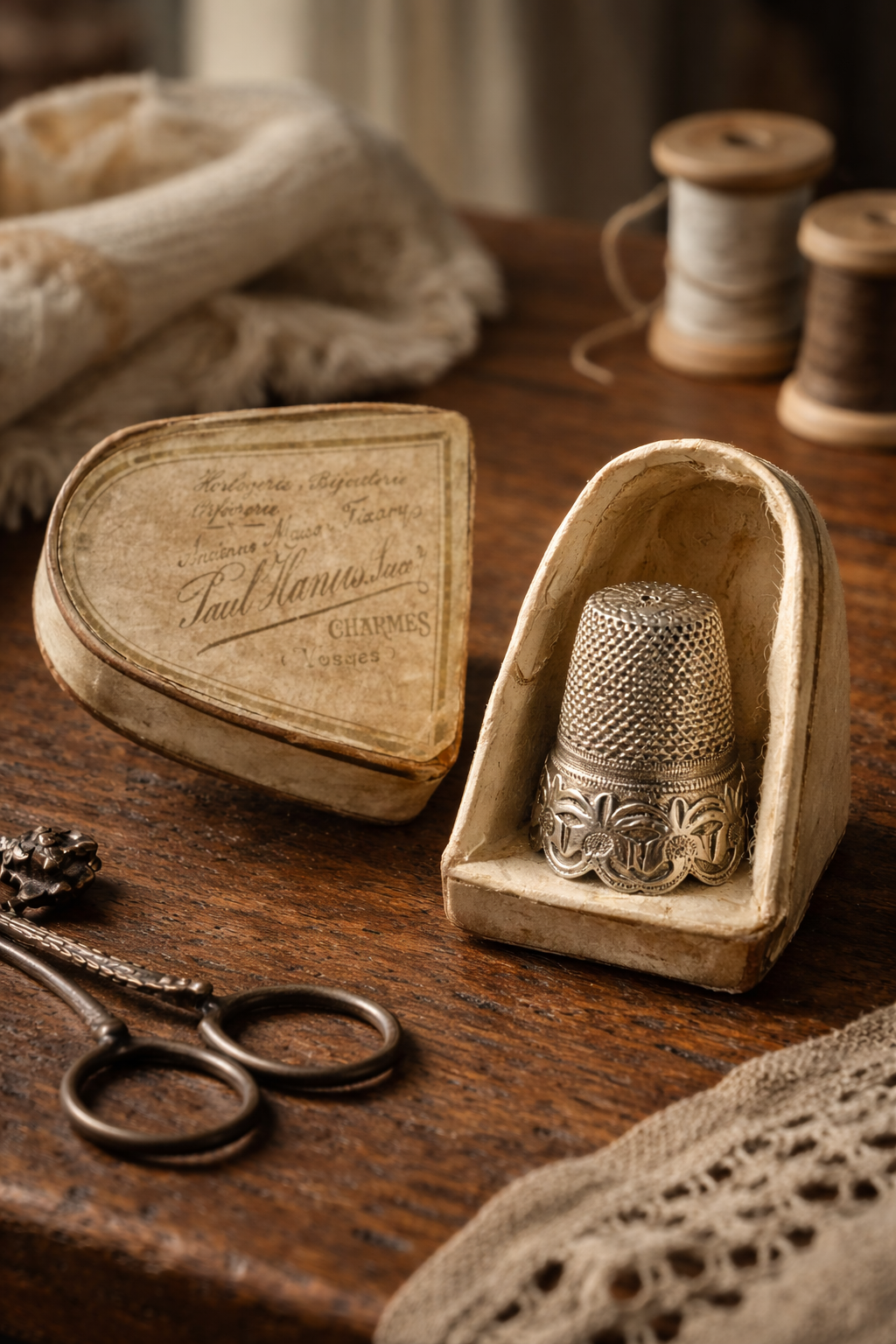 Prezioso ditale in argento antico completo di custodia, Francia, fine ‘800