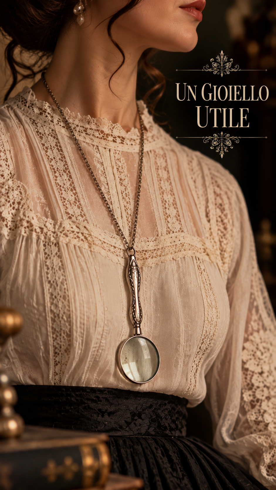 Lente gioiello da châtelaine o collana da ricamo, argentata, anni ‘40-‘50