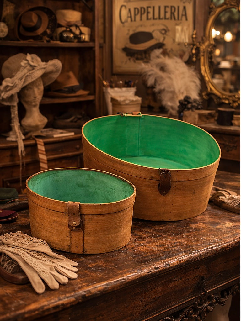 Coppia di antiche cappelliere da modista, foderate in carta verde, con cinghie originali d’epoca