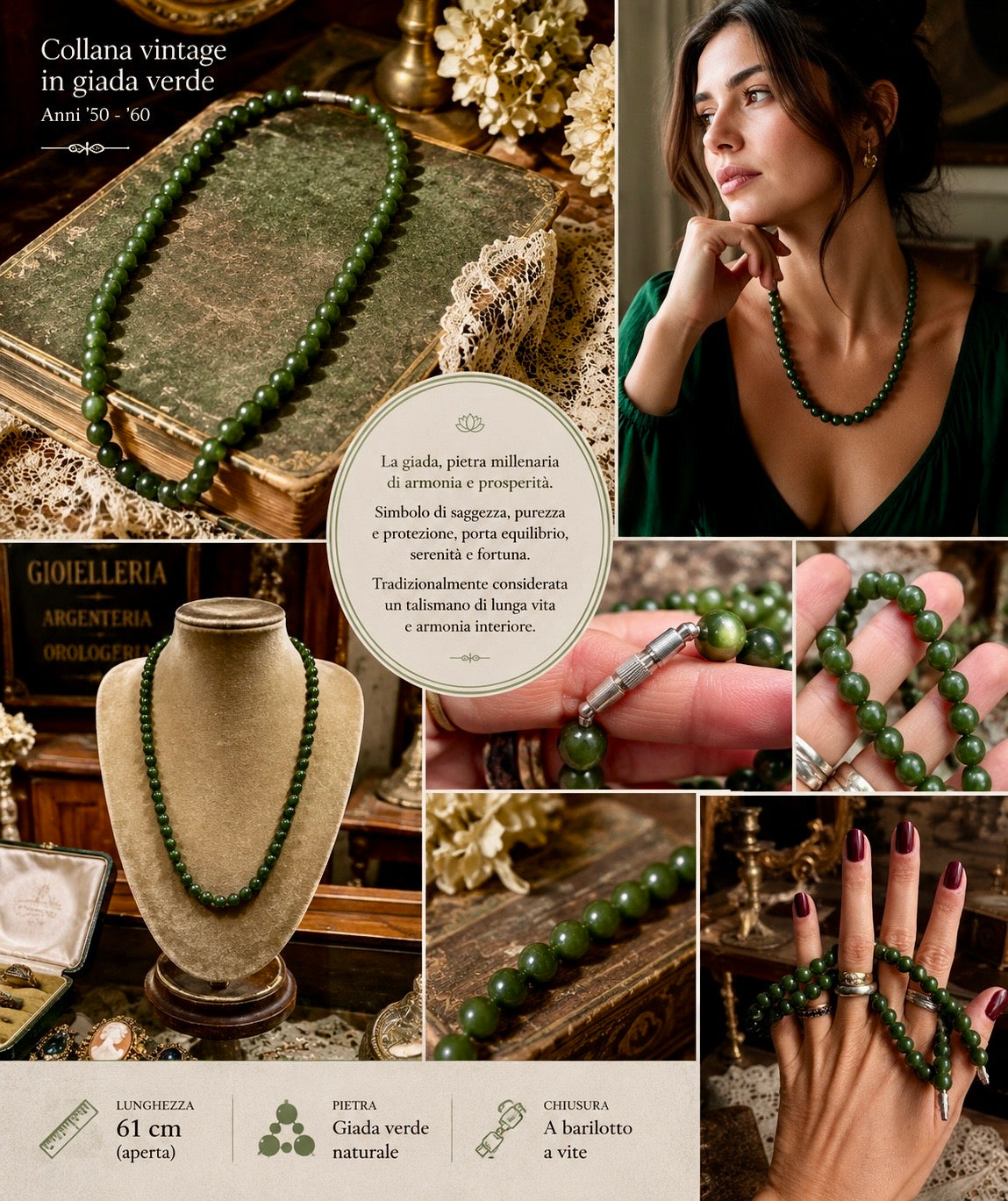 Collana in perle di giada con chiusura a barilotto, anni 50-60