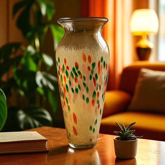 Vaso vetro Murano anni ‘70 a macchie policrome, “Arlecchino” o “Millefiori”