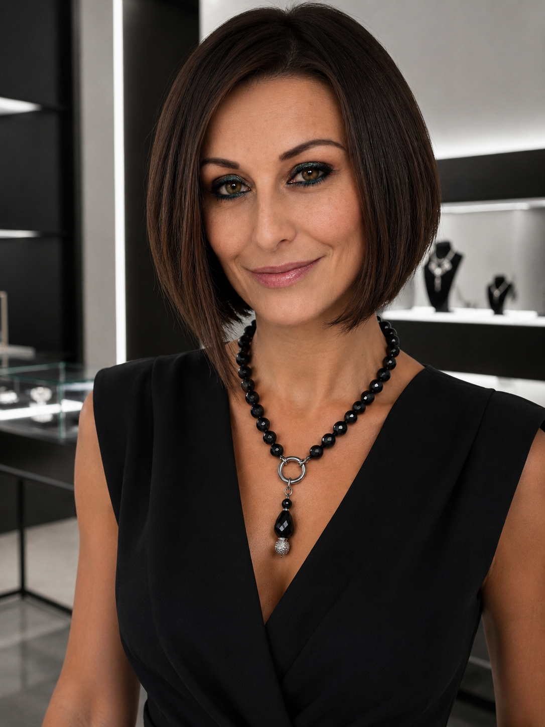 Collana con grandi perle in vetro nero sfaccettato infilate e annodate a mano e pendente amovibile con cristalli