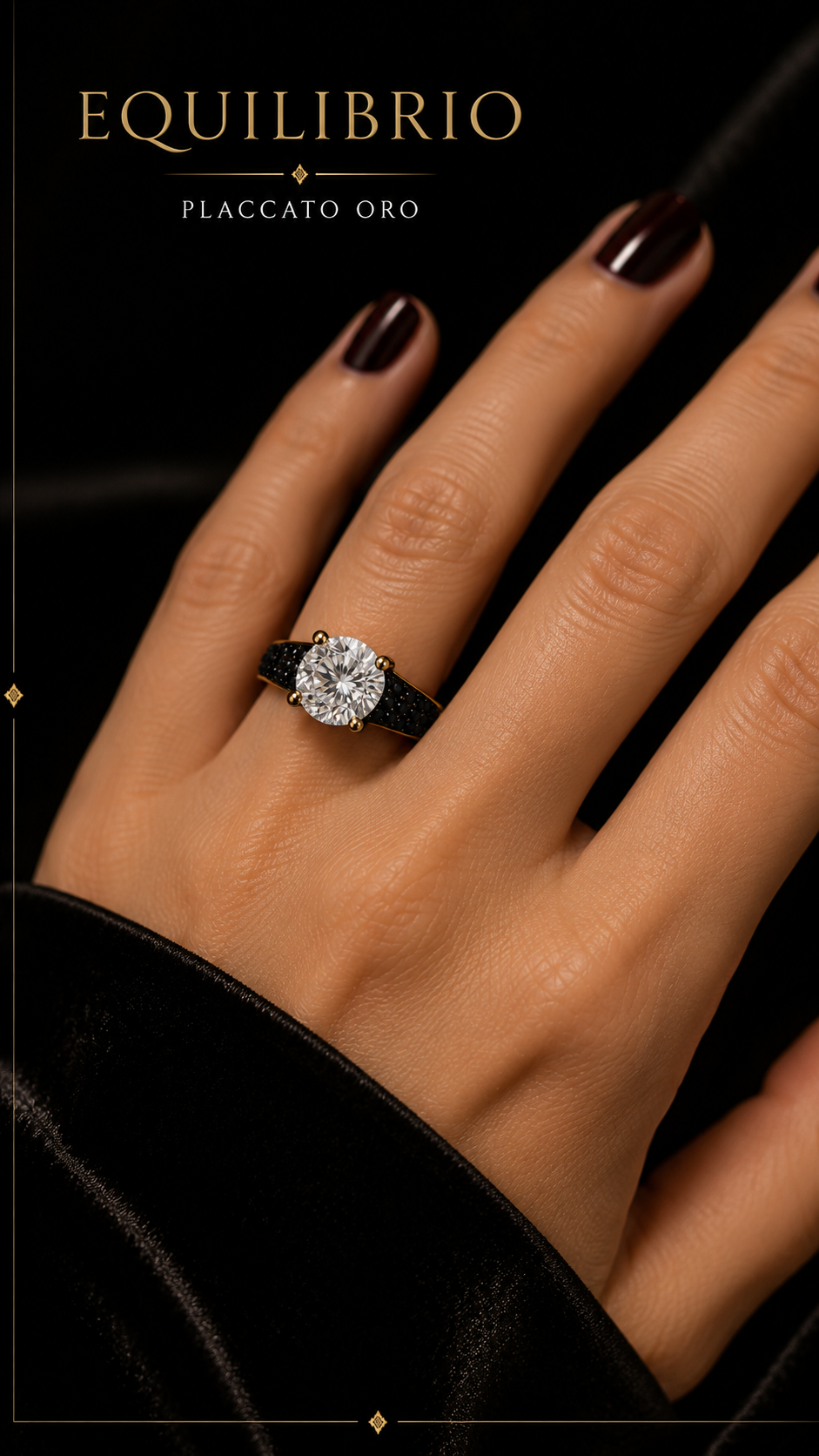Anello solitario contemporaneo placcato oro a fascia con zirconia cubica e pietre sfaccettate nere