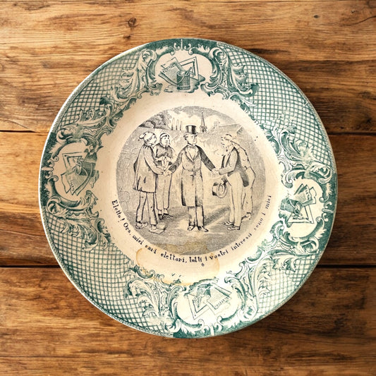 Coppia piatti satirici politica italiana, tardo ‘800, SCI Laveno, rari.