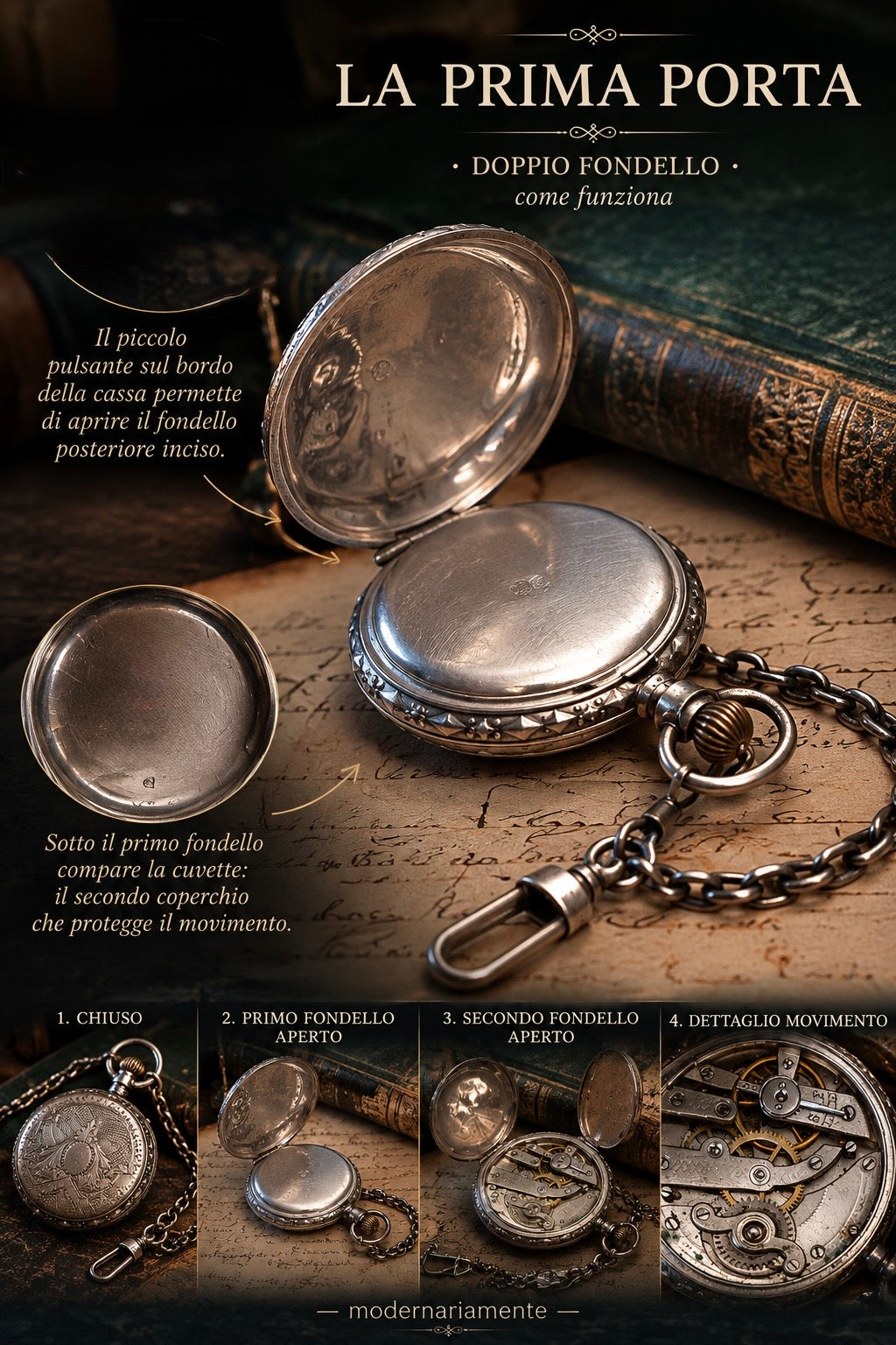 Antico esclusivo orologio da taschino fine ‘800 con cassa in argento massiccio e chatelaine argentata