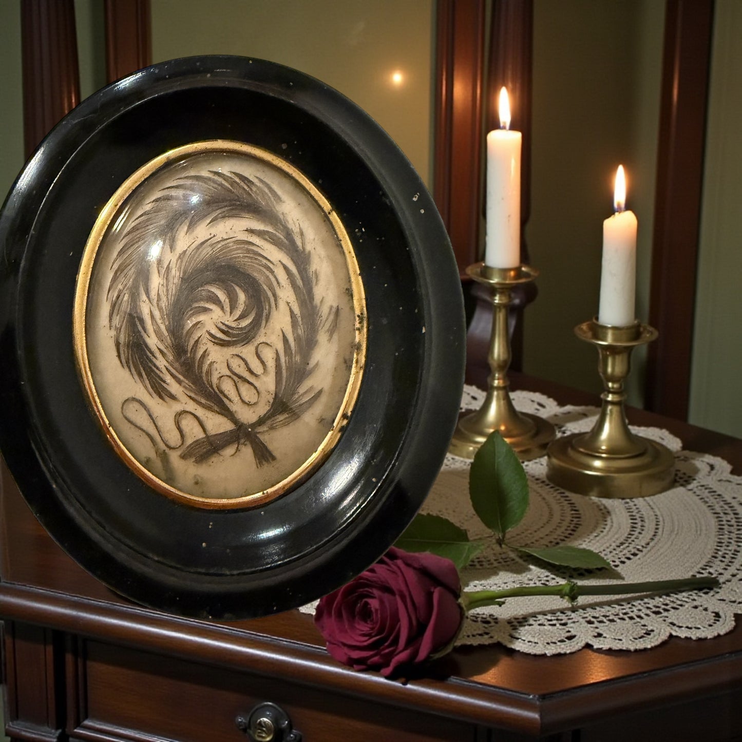 Quadro sentimentale con capelli, hair work vittoriano