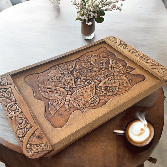 Vassoio in legno, fiori e farfalle, vintage metà ‘900