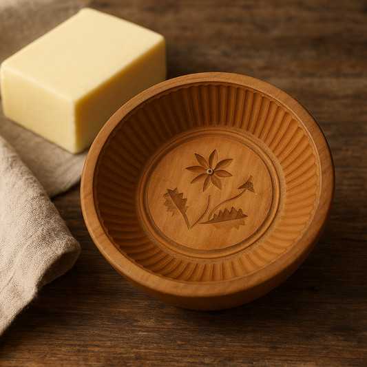 Stampo burro antico rotondo con fiore, primi ‘900 are alpina