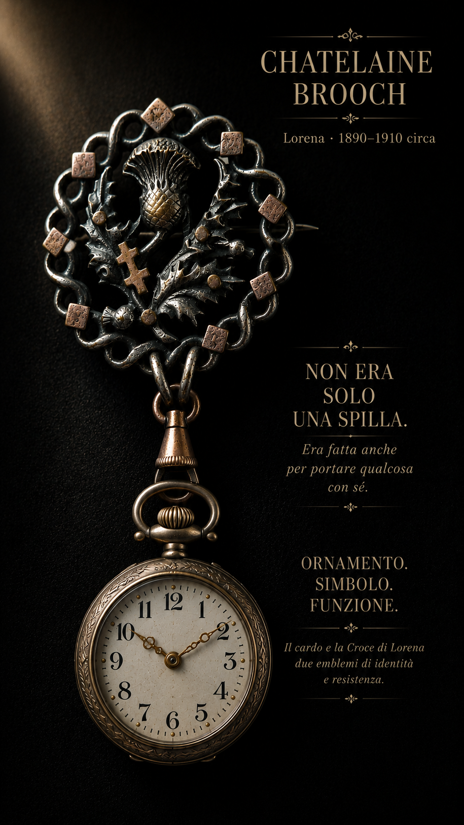 Antica e rara Chatelaine Brooch con cardo e croce di Lorena