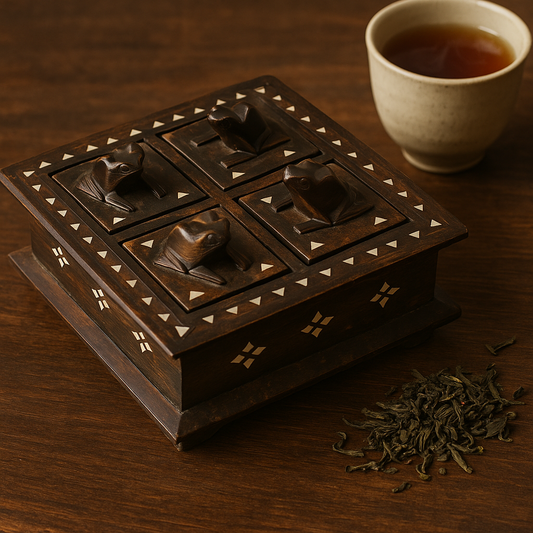 Scatola per foglie di tè con rane intagliate, II metà ‘900 legno e madreperla