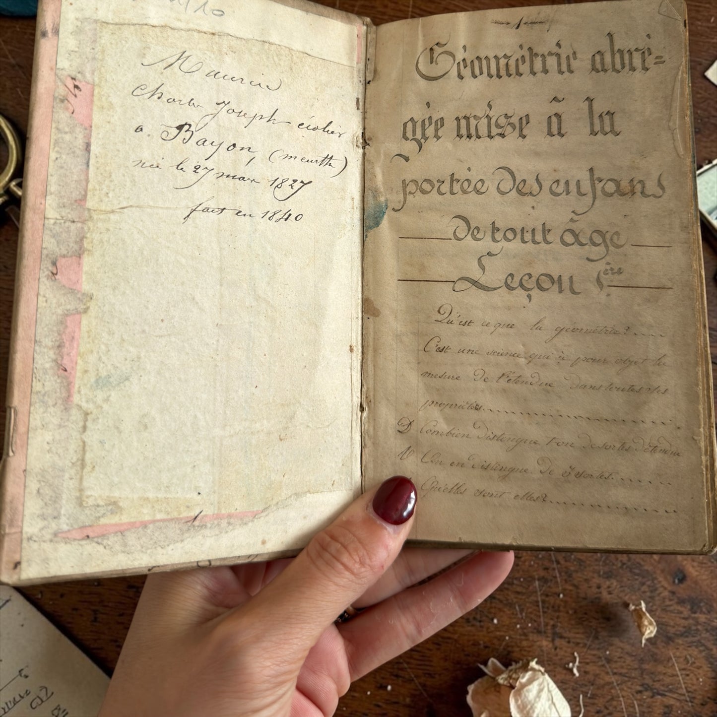 Manoscritto del 1840, 130 pagine sulla Geometria ed il nuovo sistema metrico, firmato