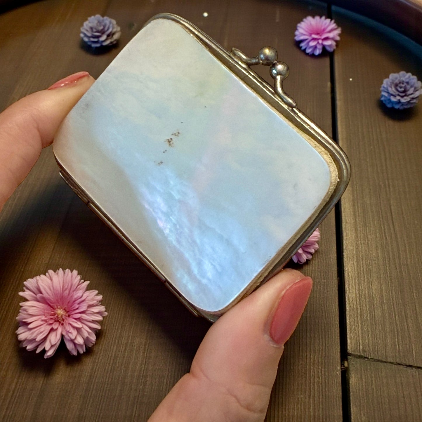 Antico porta monete Liberty anni ‘10-‘20 in madreperla, a scomparti, con fregio e chiusura argentati