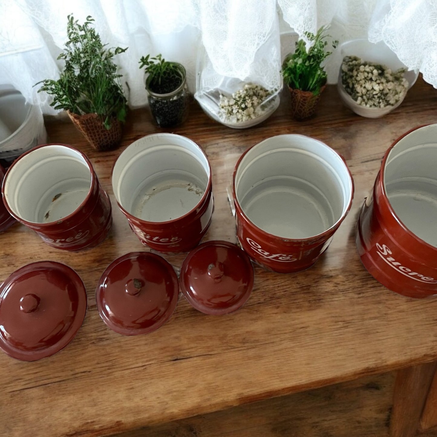Set barattoli provenzali smaltati Rosso Borgogna anni 40