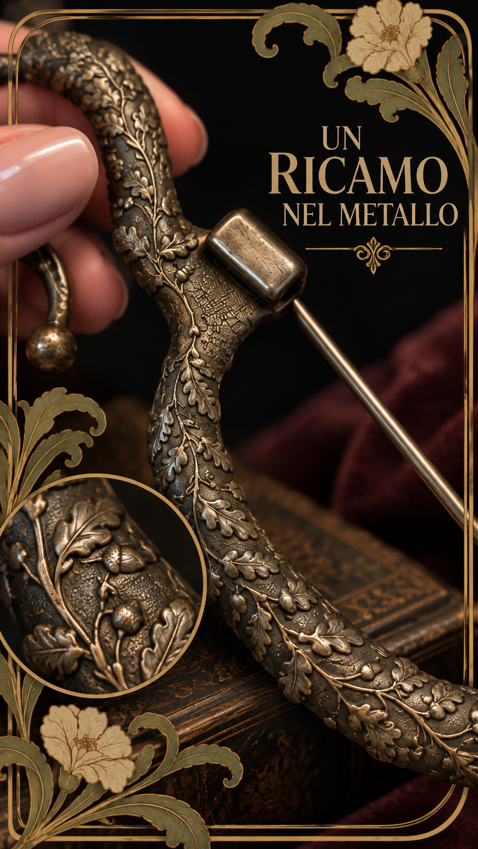 Grande fibula decorata con ghiande e foglie di quercia, 11 cm primi decenni del ‘900