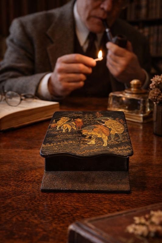 Antico Vesta Case in Carton Bouilli con scena raccolta delle messi