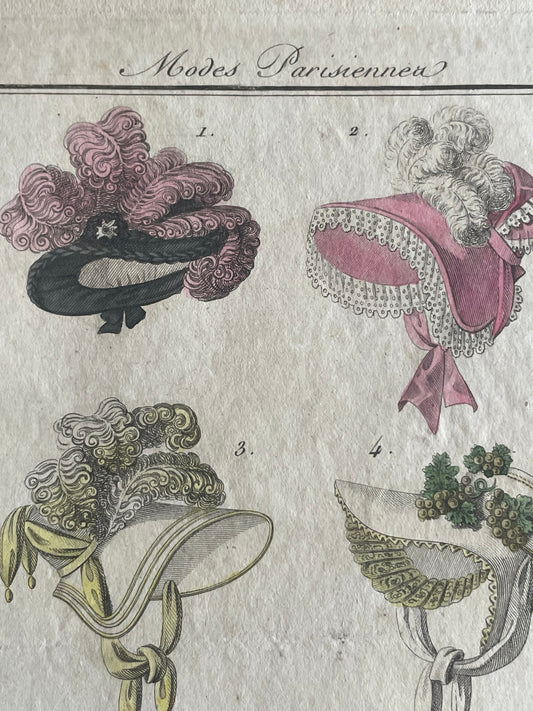 Lotto stampe 1819 acquerellate a mano, cappelli francesi, Observateur des Modes