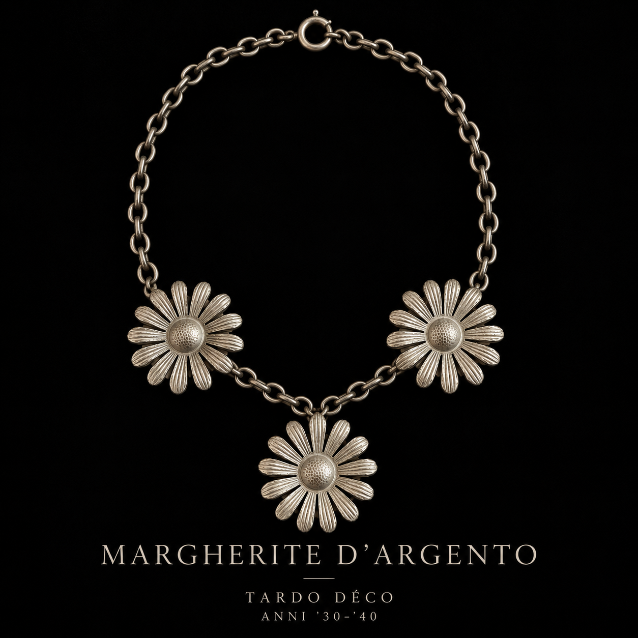 Antica collana tardo déco anni ‘30 con grandi margherite in metallo argentato