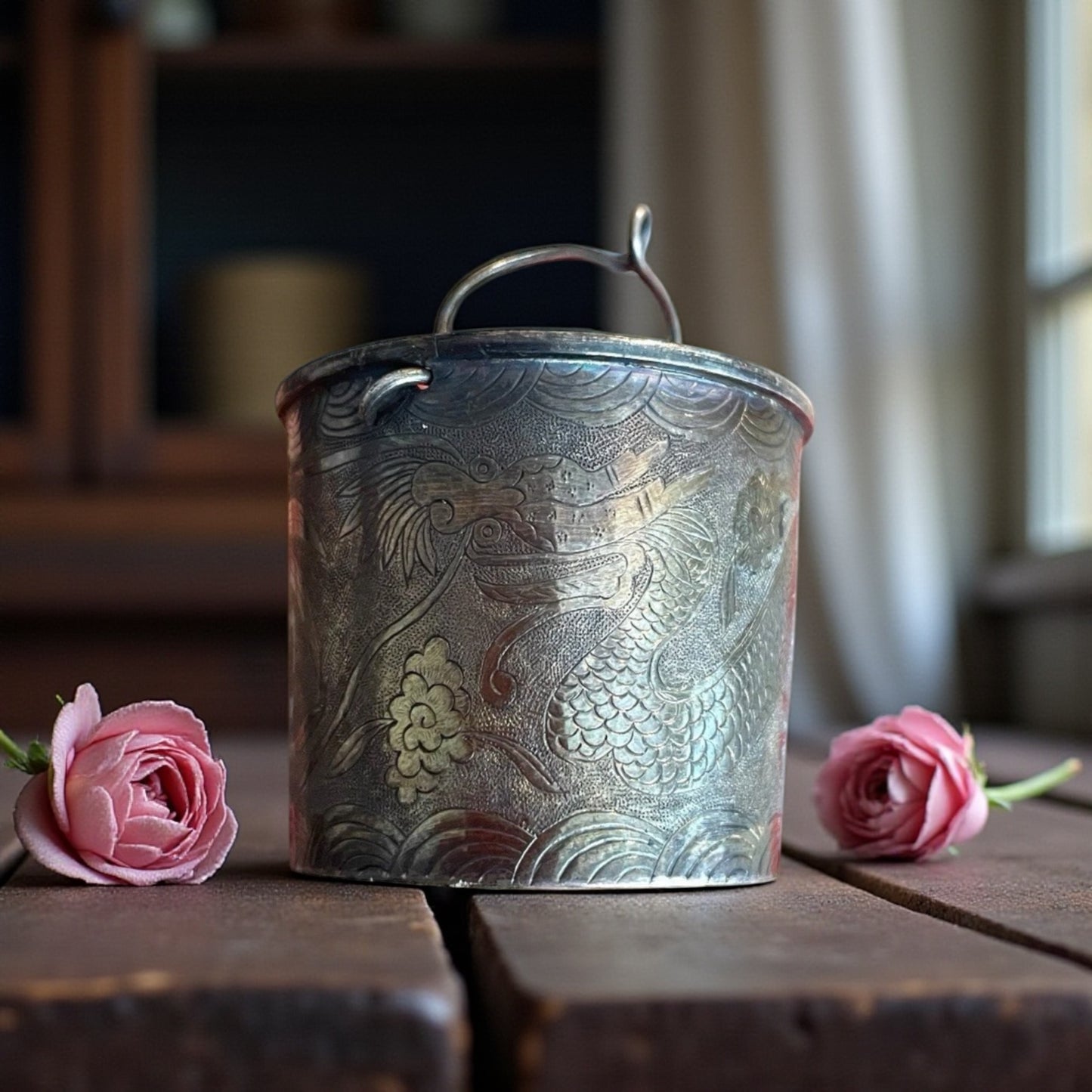 Antico filtro colino da tè con fenice orientale in argento, primo ‘900