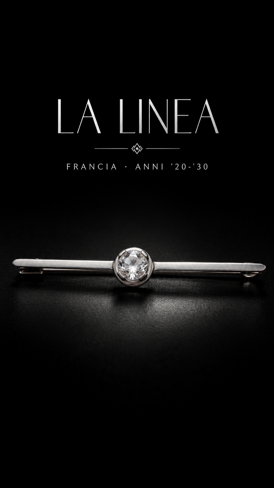 Antica spilla anni ‘20 art déco a barretta in argento massiccio, francese, con stupendo cristallo