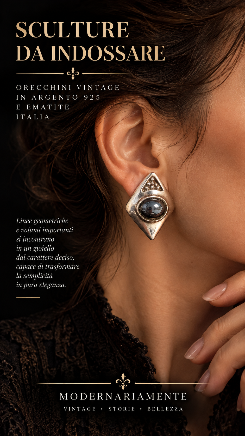 Orecchini design modernista manifattura italiana argento 925 a clip con cabochon ematite