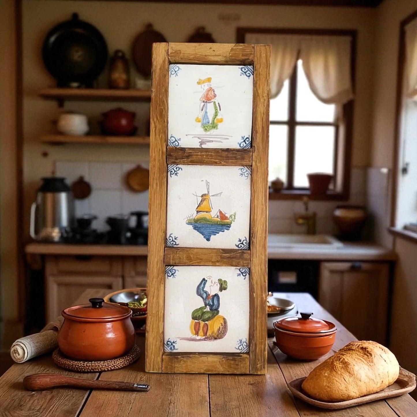 Tre maioliche olandesi anni ‘40 ca incorniciate in legno rustico