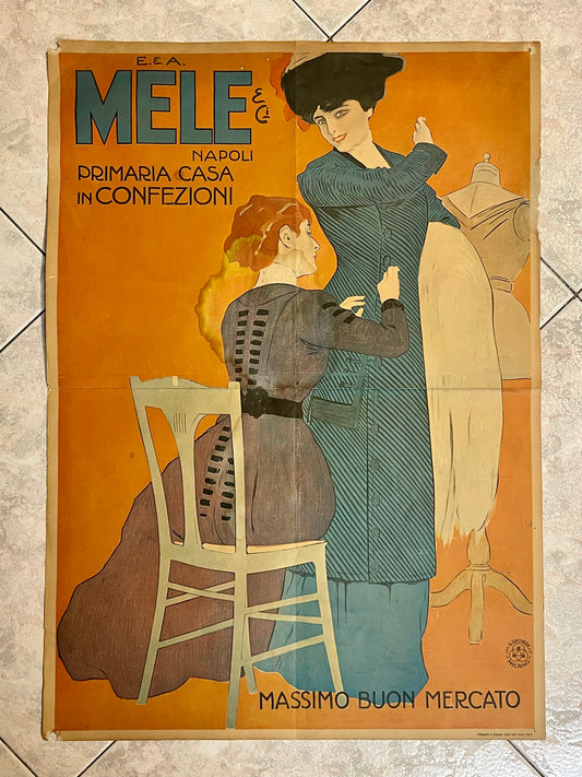 Manifesto pubblicitario liberty Confezioni MELE riedito 1970, 65 x 46 cm.