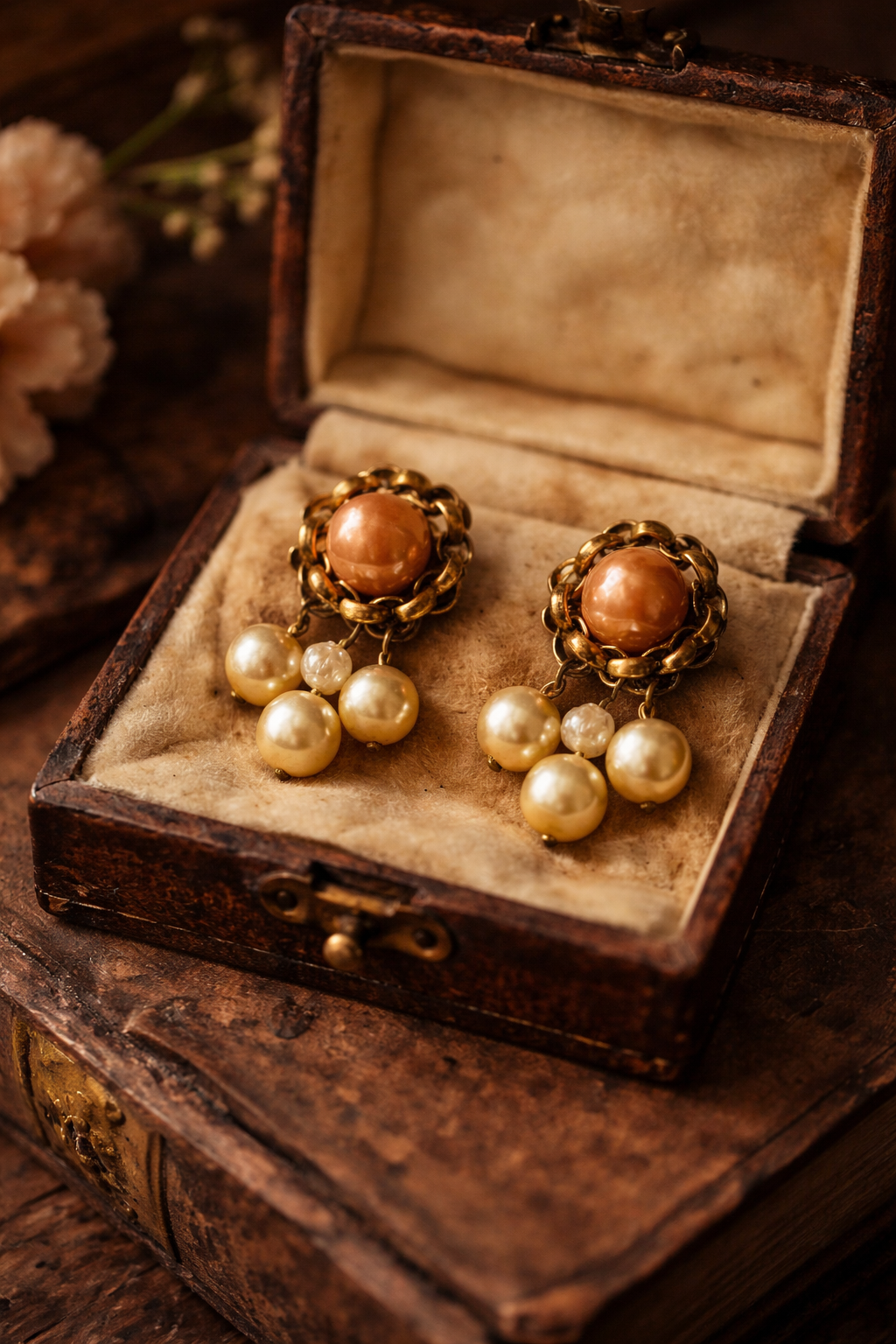 Antichi splendidi orecchini dorati anni ‘30 con faux perles barocche, chiusura a vite