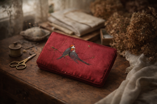 Porta aghi needle case in seta dipinta a mano, fine ‘800, astuccio con cartonato originale interno