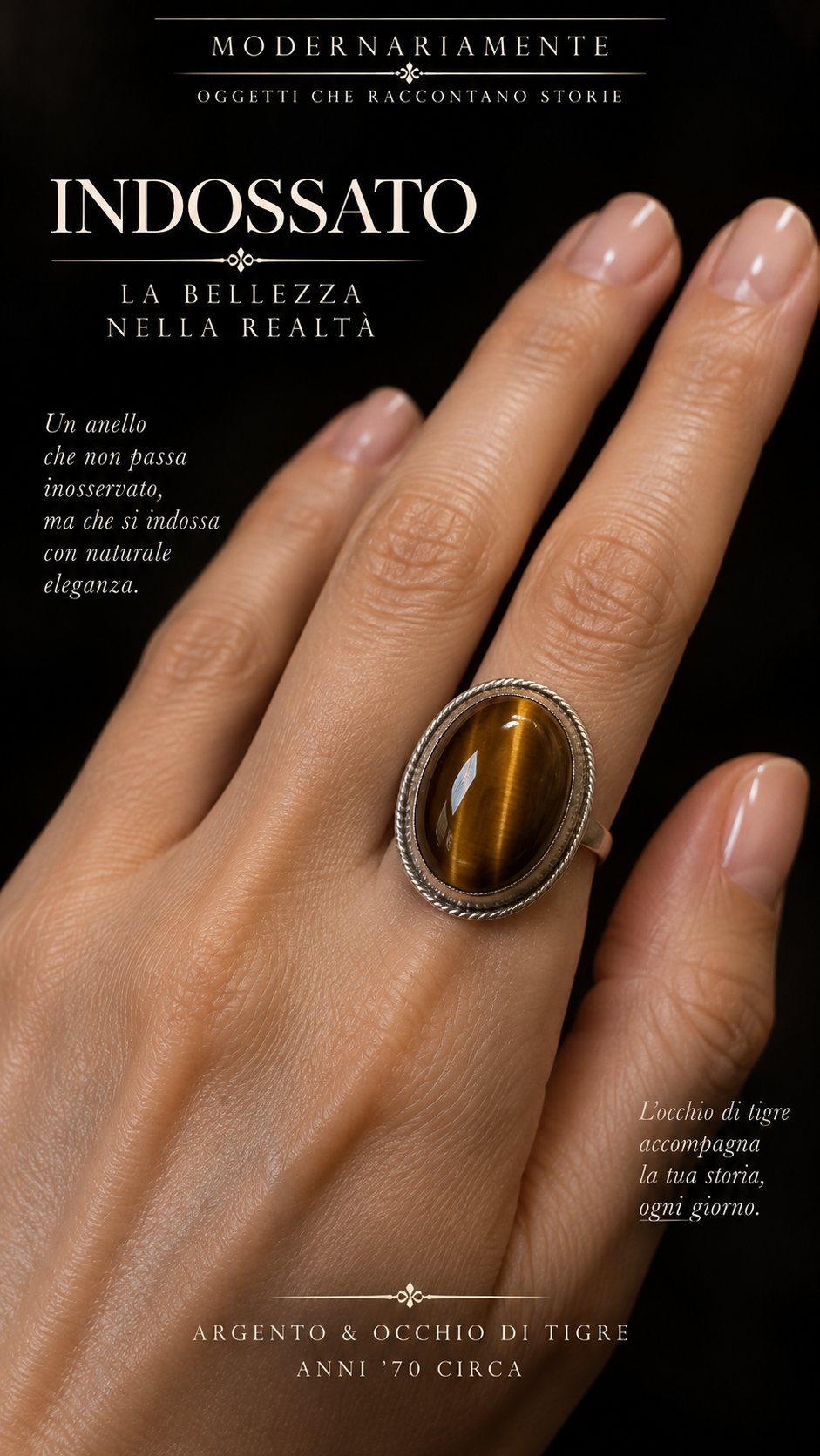 Anello argento con importante cabochon in occhio di tigre 70s e bella chatoyance