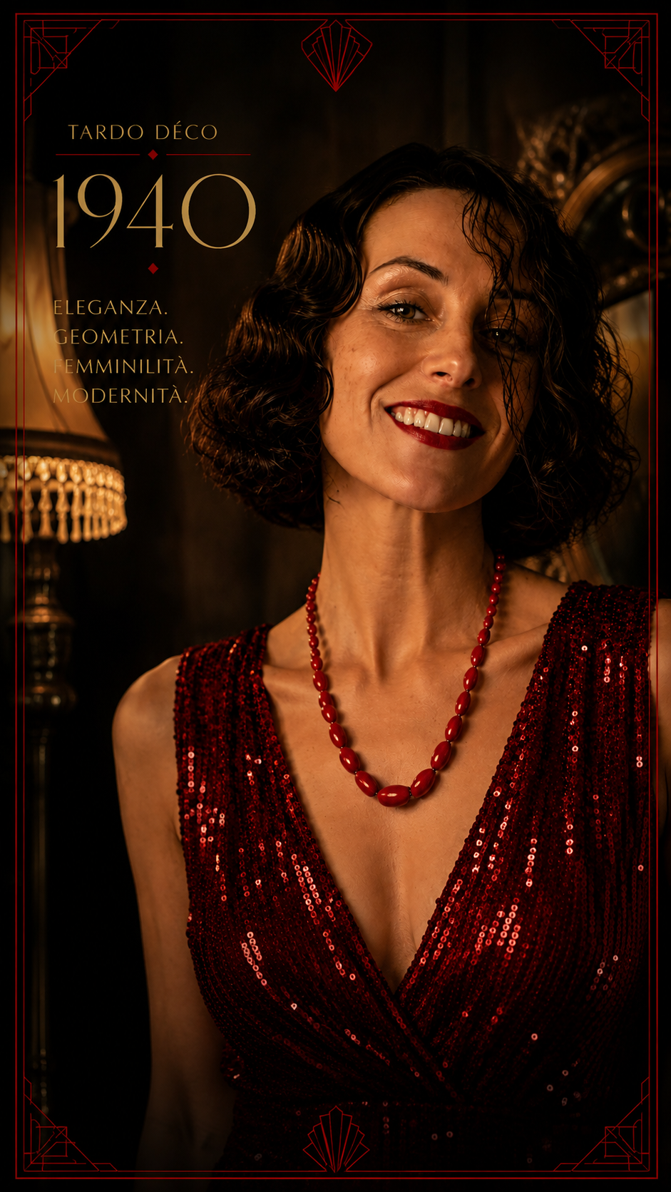 Splendido collier degradé con elementi fusiformi in vetro pressato rosso, tardo déco anni ‘40 annodata a mano
