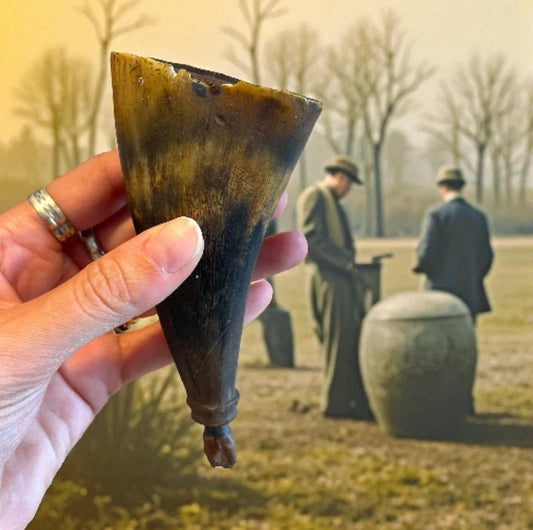 Antica fiaschetta da caccia in corno con pallini d’epoca, fine ‘800