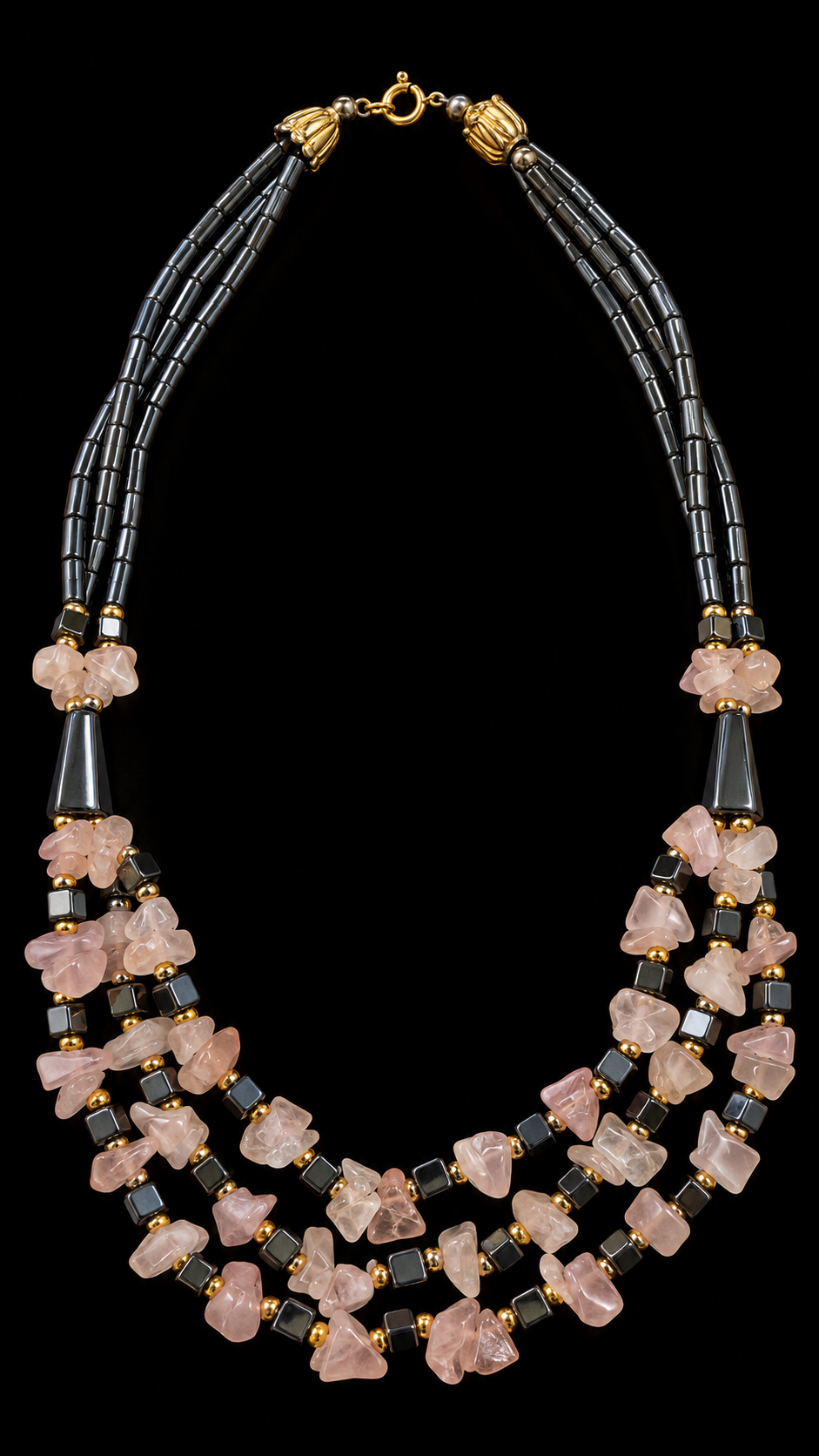 Collana architettonica anni ‘60 in ematite e quarzo rosa con chiusura in argento