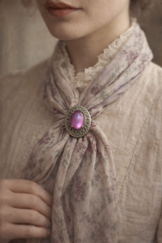 Spilla antica con clip, pasta di vetro color viola del pensiero, placcata argento francese anni ‘30