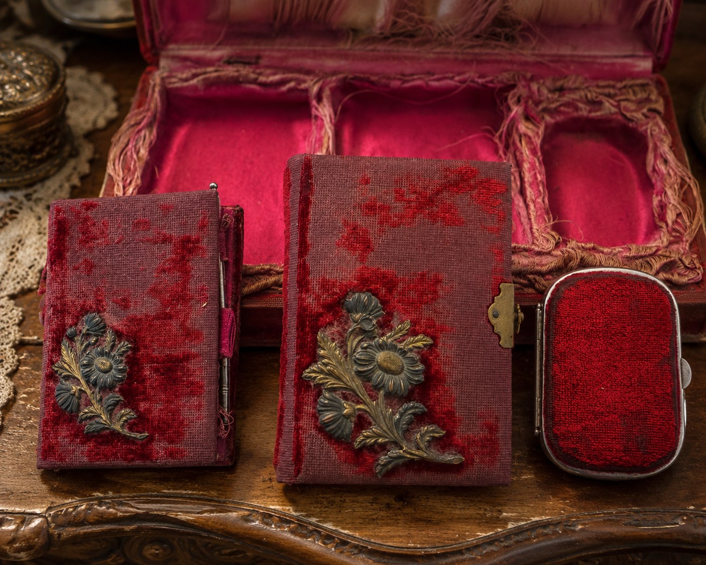 Set vittoriano da viaggio con carnet de bal, portamonete e libro preghiere con testo segreto